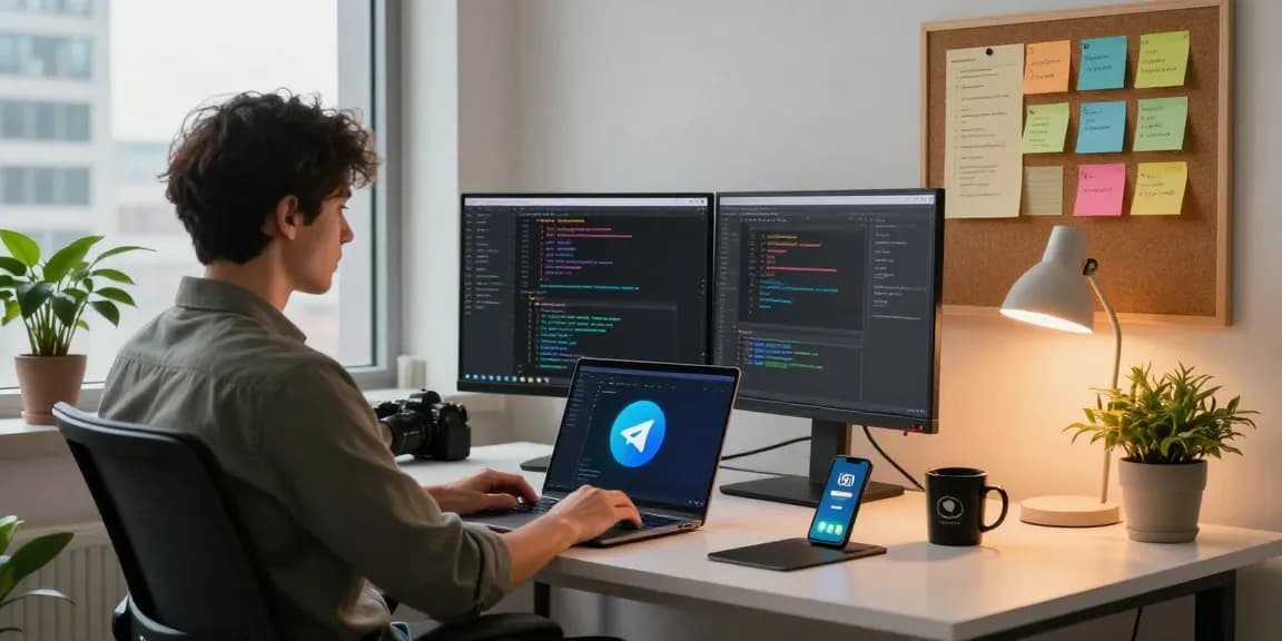 Download Telegram in a modern office workspace featuring a developer using a dual-monitor setup and coding software.