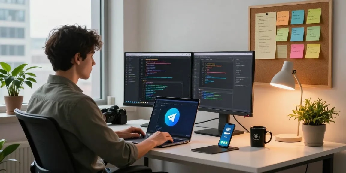 Download Telegram in a modern office workspace featuring a developer using a dual-monitor setup and coding software.