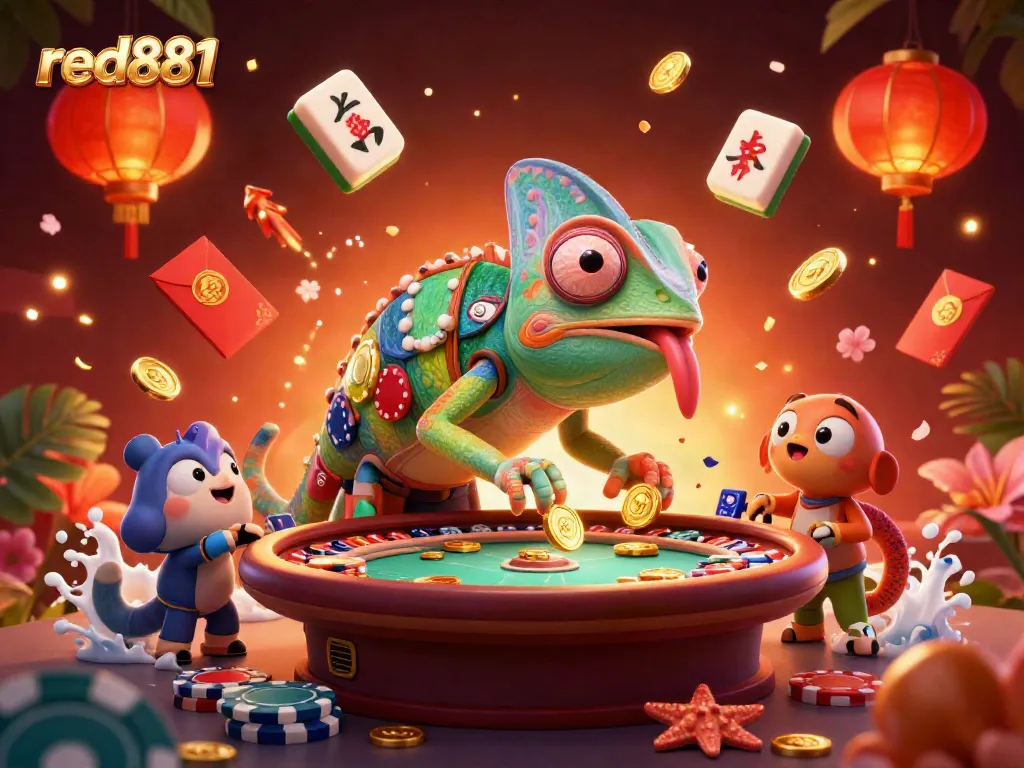 Experience the vibrant casino atmosphere at red881 with the lively chameleon owner collecting coins amidst colorful game elements.