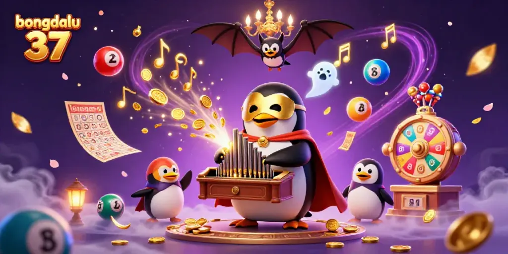 Bongdalu 37 showcases an enchanting 3D cartoon scene with a penguin playing a golden organ while lottery-themed items dynamically surround it.