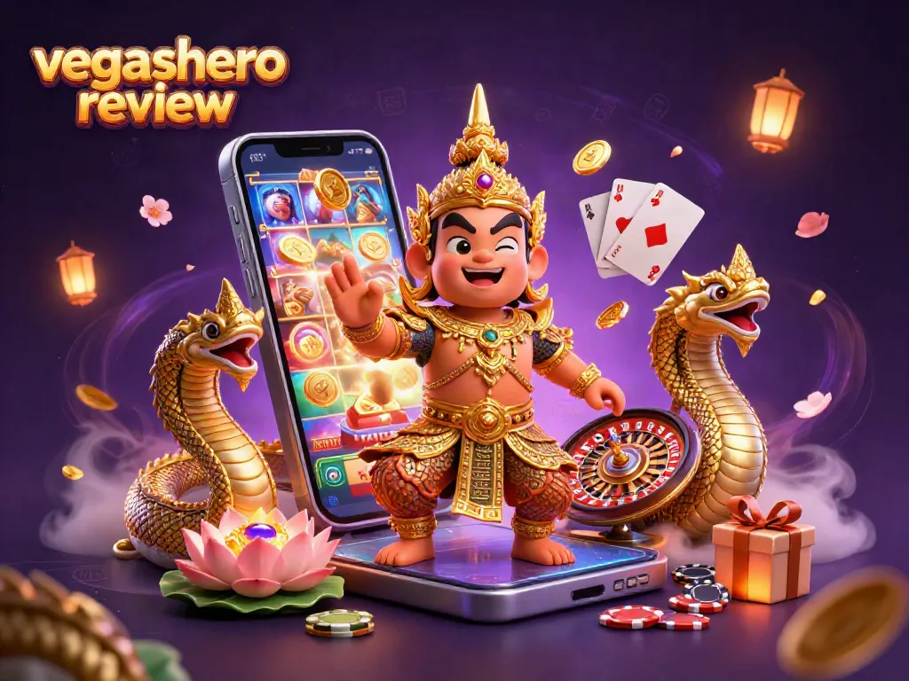 Experience the thrill of VegasHero Review with vibrant slots, golden coins, and interactive gambling elements.