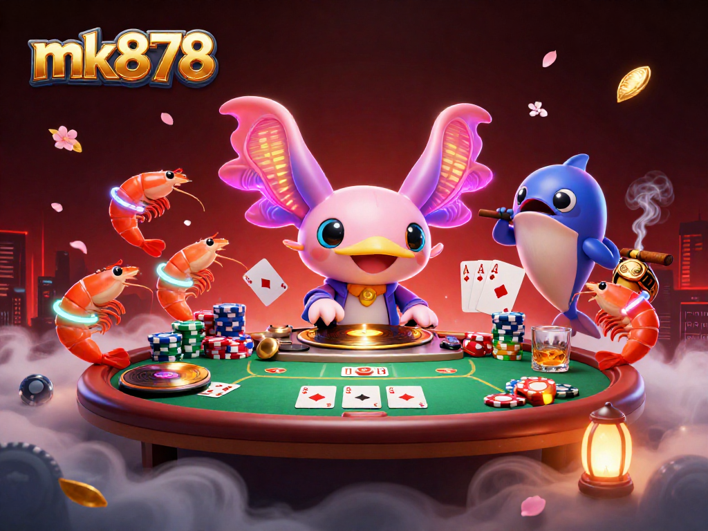 Experience mk878’s vibrant casino scene featuring an axolotl DJ and colorful poker elements.