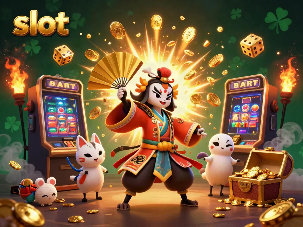 Experience thrilling slot action with vibrant characters and dynamic casino elements in this colorful 3D illustration.