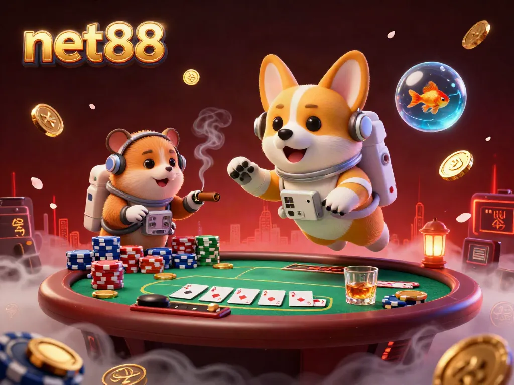 Experience net88 in a floating casino scene with an astronaut corgi and vibrant poker elements.