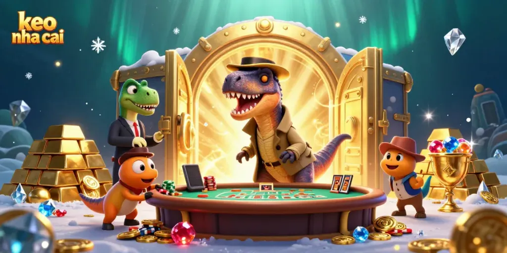Participate in exciting games at keo nha cai with our cartoon velociraptor card counter amidst treasure!