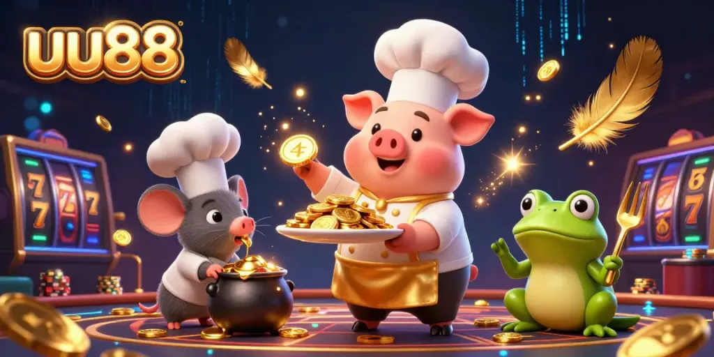 Bet on uu88's exciting outcomes with a whimsical illustration of a gourmet gold coin feast