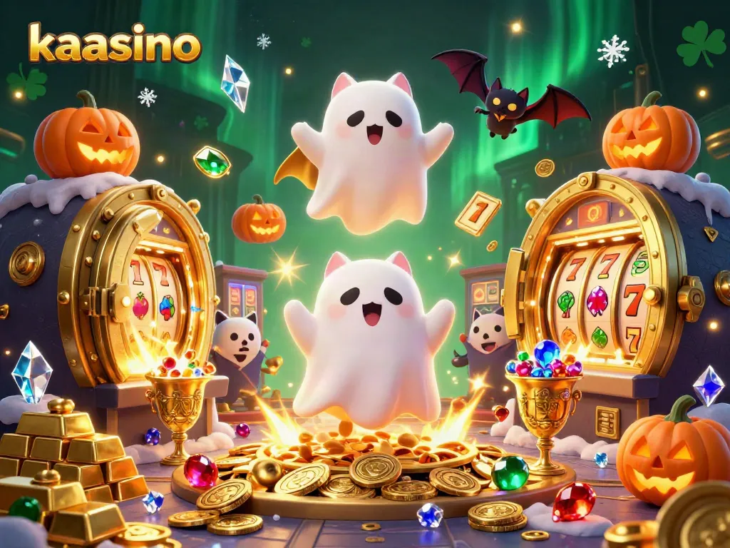 Experience fun at kaasino with a ghost cat and vampire bat in a vibrant casino scene.