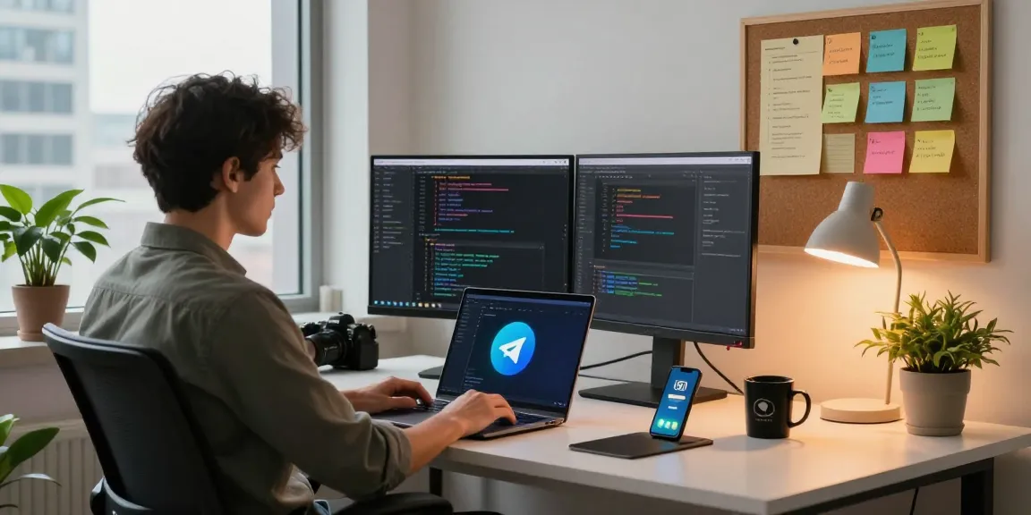 Download Telegram in a modern office workspace featuring a developer using a dual-monitor setup and coding software.