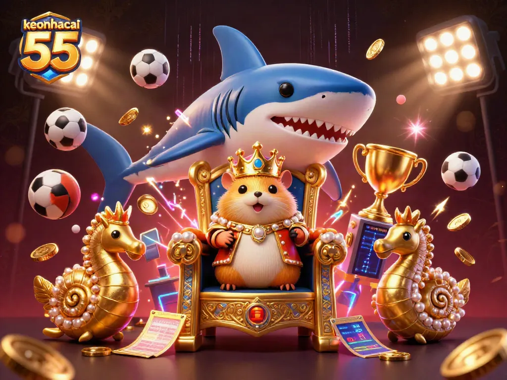 Engage with keonhacai 55 in a dynamic 3D casino world featuring a golden hamster king and sports elements.