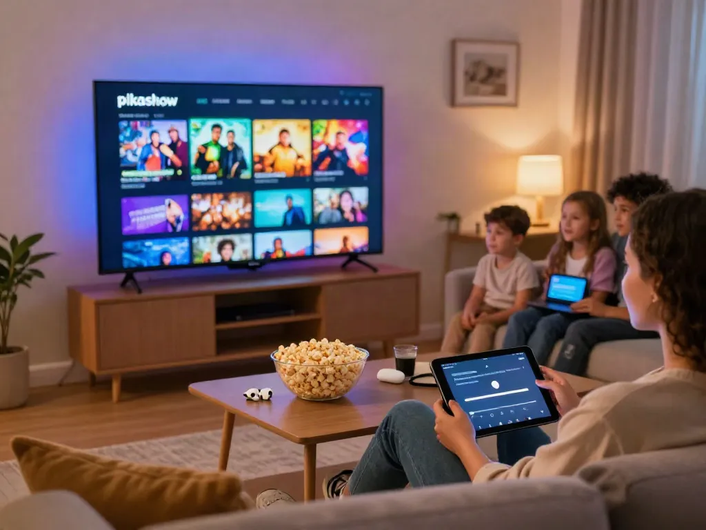 User enjoying the Pikashow latest version streaming on smart TV in a cozy living room.