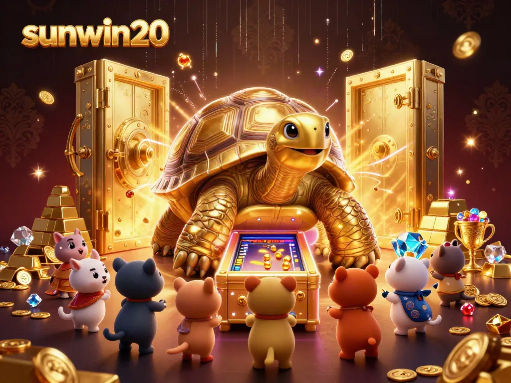 Engage with sunwin20's thrilling gaming experience featuring a golden tortoise pinball machine in a treasure-filled casino.