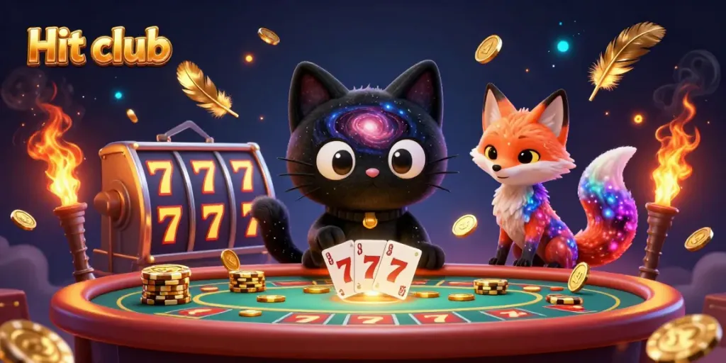 Experience slot wins and excitement at Hit club with captivating cosmic casino illustration featuring vibrant characters.