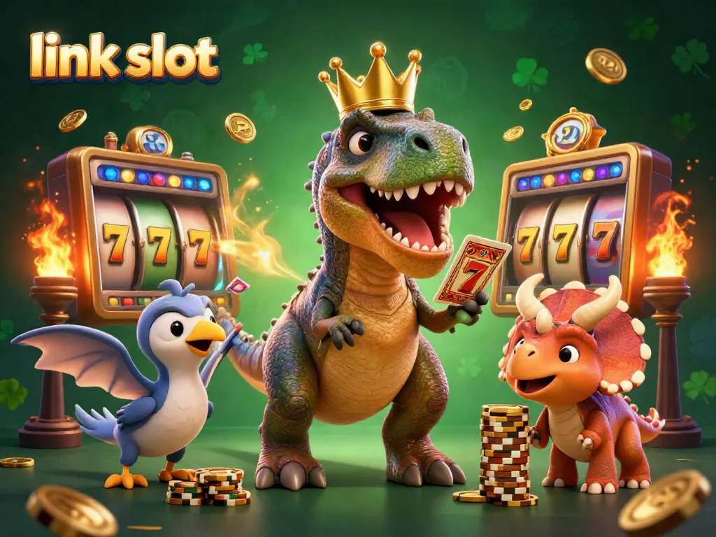 Engage with link slot games featuring a friendly T-Rex and vibrant elements showcasing exciting jackpots.