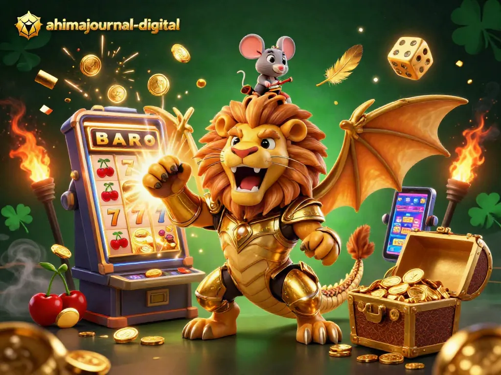 Engage with ahimajournal-digital's vibrating casino scene featuring a chimera celebrating wins with slot machines.