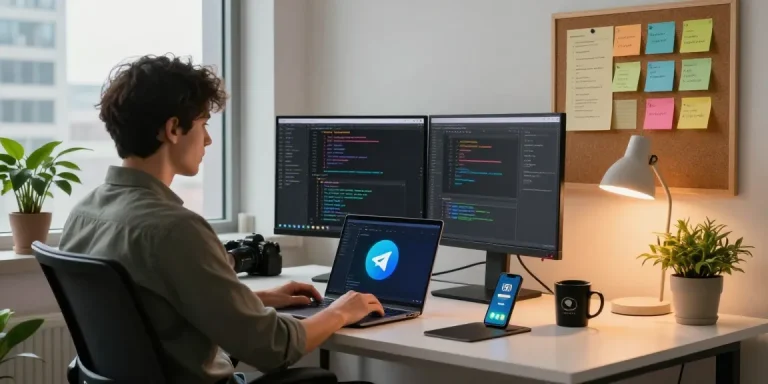 Download Telegram in a modern office workspace featuring a developer using a dual-monitor setup and coding software.
