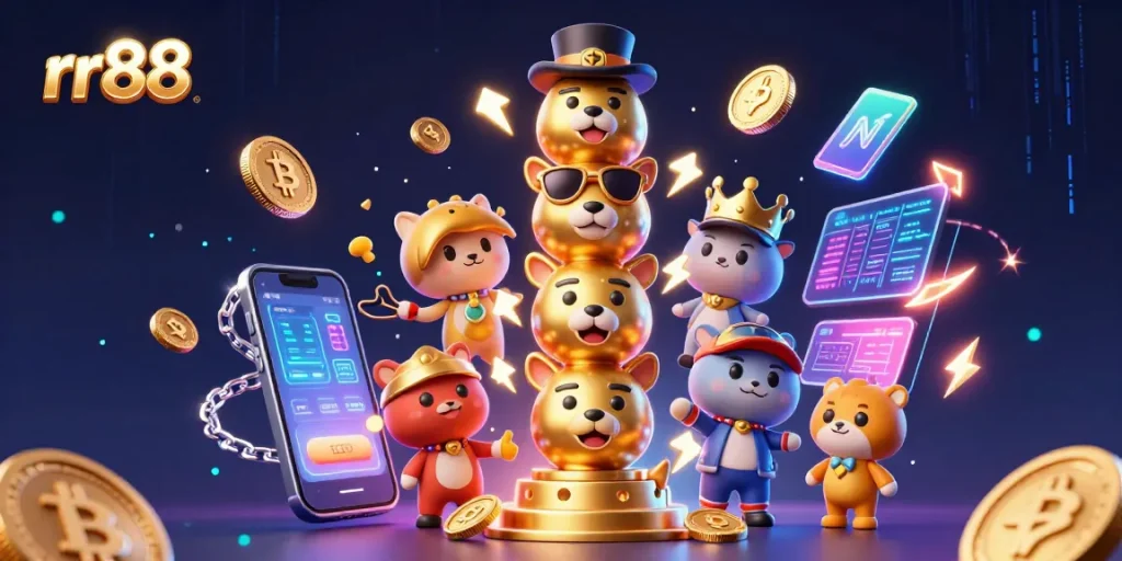 Experience the excitement of rr88 with a vibrant 3D illustration showcasing a golden totem casino totem and cryptocurrency elements.