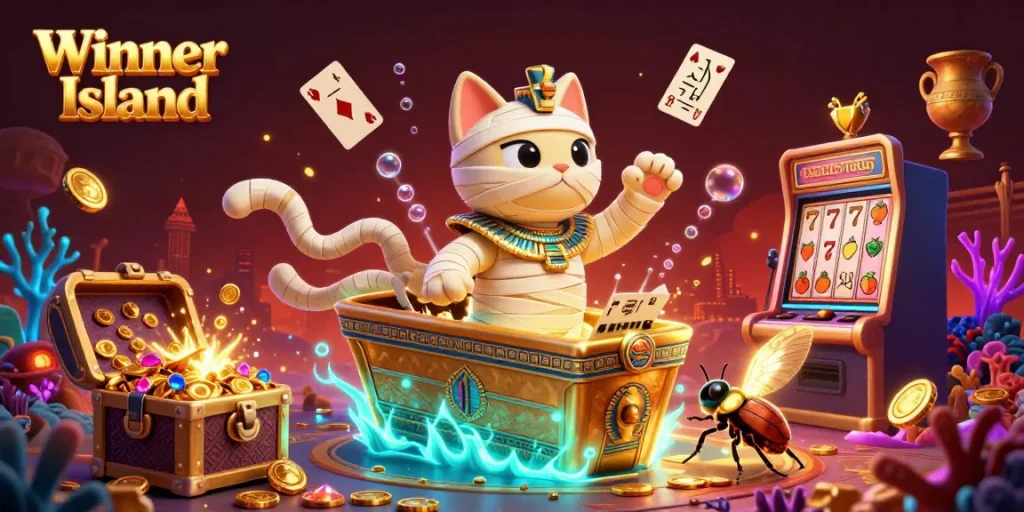 Engage in fun at Winner Island, a dynamic casino featuring a cartoon mummy and gold treasures.
