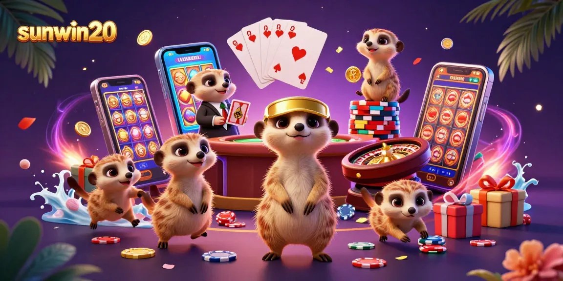 Experience thrilling gameplay at sunwin20 with meerkats managing a colorful casino scene filled with chips and cards.