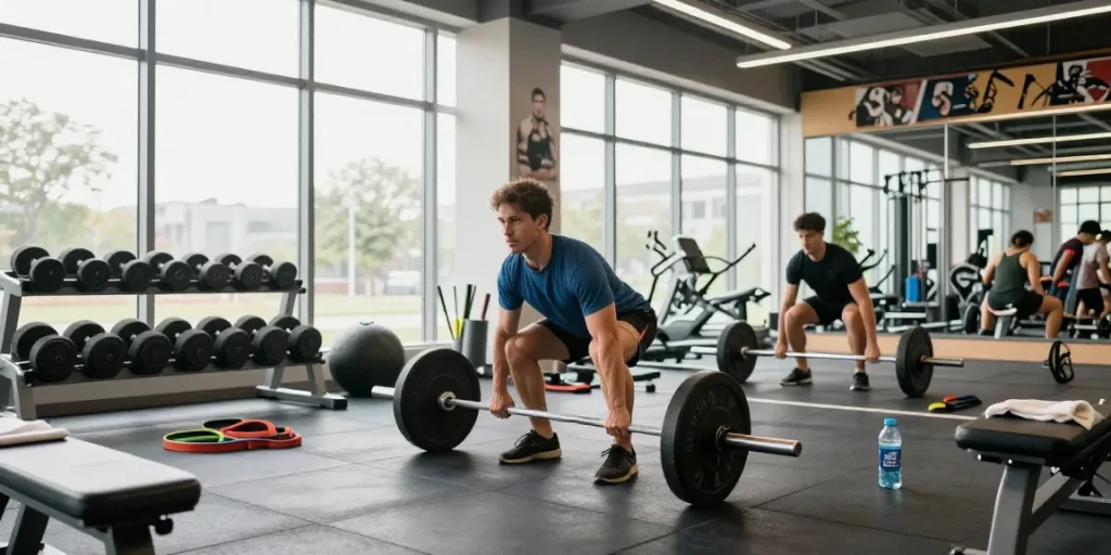Prime Pharma Steroids: Sportieve man die deadlifts uitvoert in een moderne sportschool.